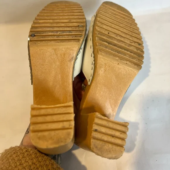 VINTAGE 90’s/Y2K White Leather Wooden Chunky Heel Open Toe Mule Size 8 - Picture 3 of 10